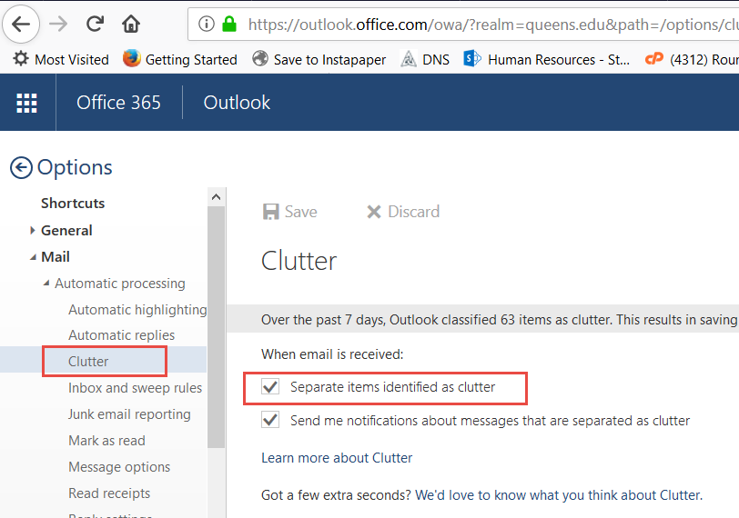 How to Use the Email Clutter Feature – Queens University of Charlotte