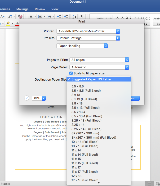 custom paper size in excel for mac